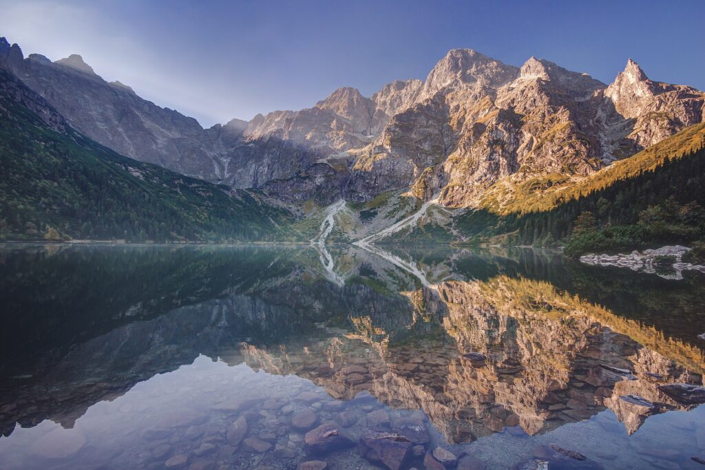 Morskie Oko lake at sunrise in the Tatra Mountains